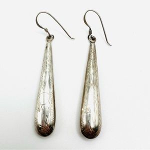 STERLING SILVER Earrings Etched Shiny Long Teardrop Boho Drop Hook Wires